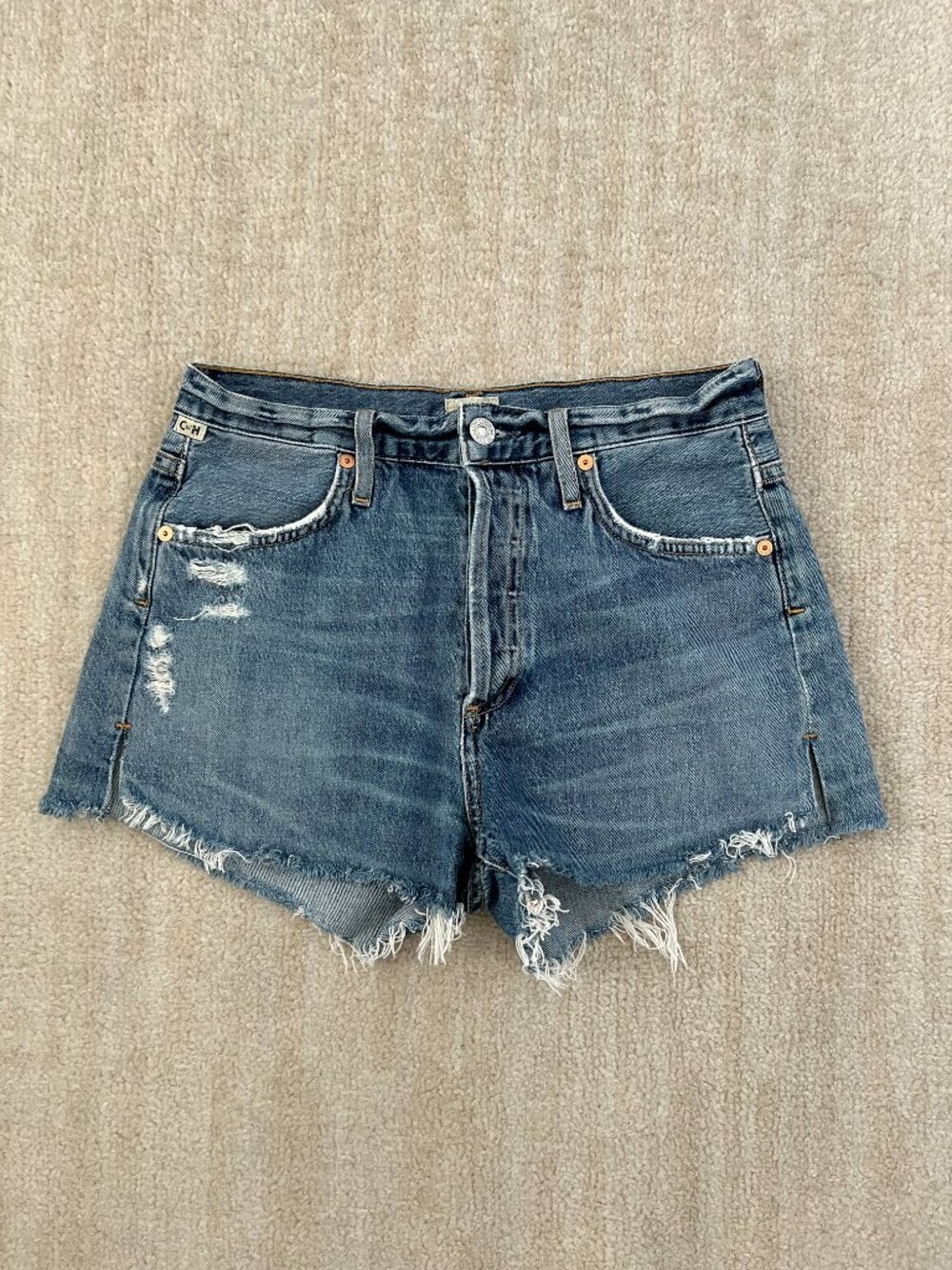 Citizens of Humanity Anabelle High Waisted Jeans Denim Shorts 24 Blue Distressed